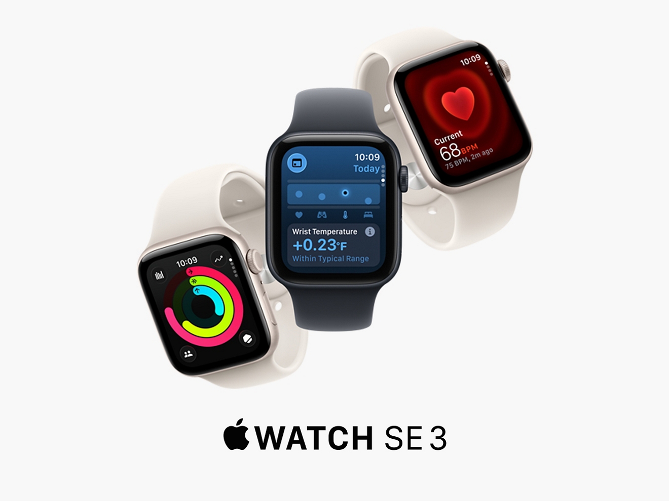 Three Apple Watch SE 3 models with 44mm cases; two are starlight aluminum; one is midnight aluminum. 